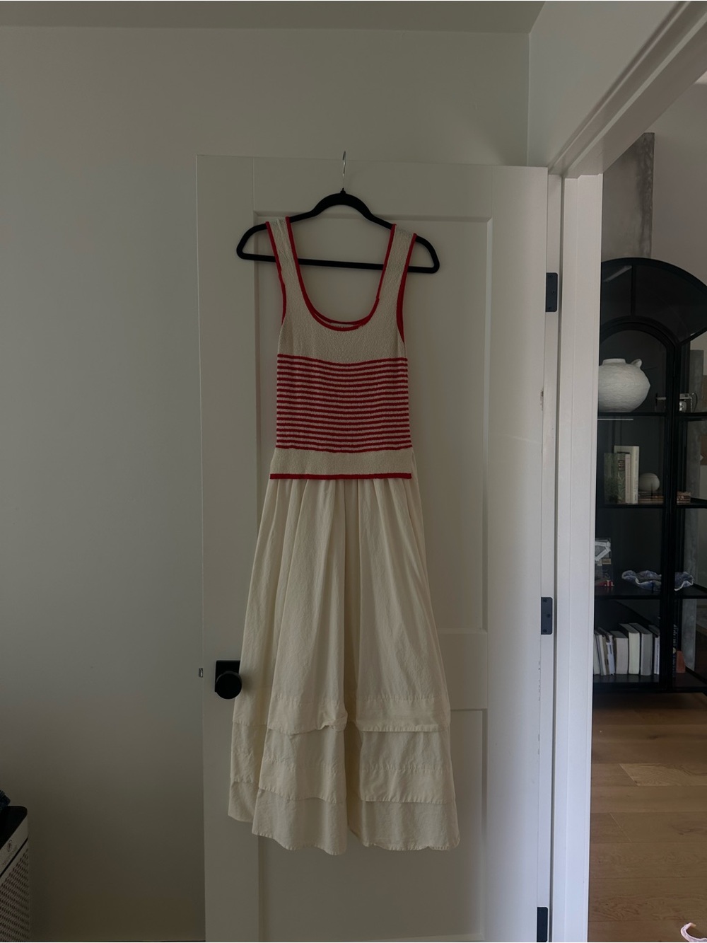 Cream Sundress with Red Striped Knit Bodice moon river